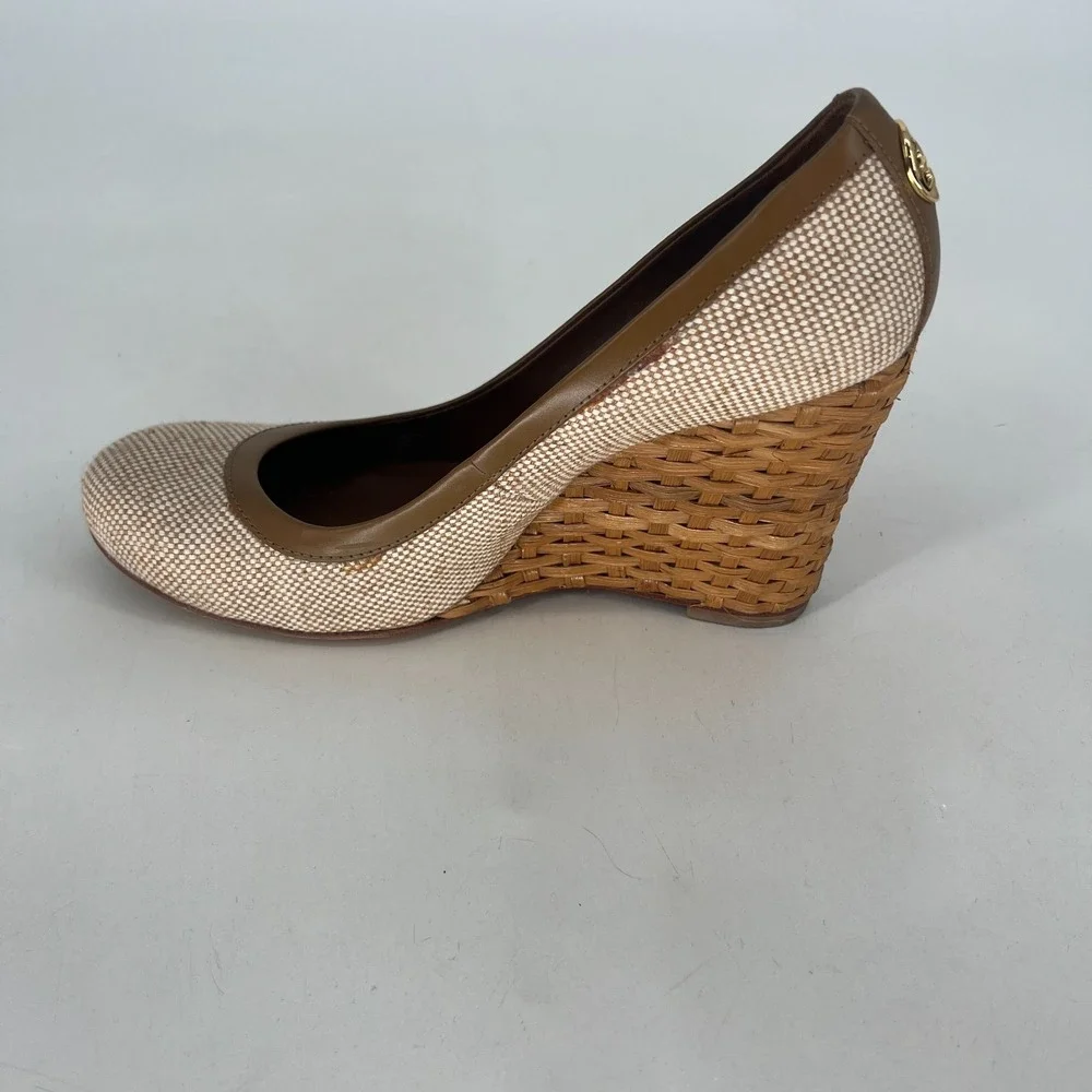 Tory Burch Wedges Womens 9.5M Woven Wicker Summer Sandal Heel Y2K Neutral